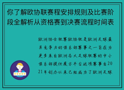 你了解欧协联赛程安排规则及比赛阶段全解析从资格赛到决赛流程时间表详解